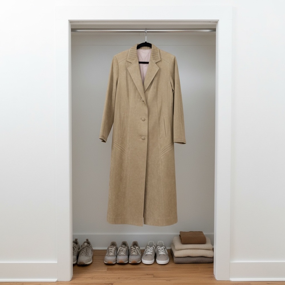 Vintage Tan Faux Suede Tie-Waist Button-Up Coat